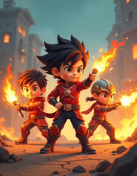 Three animated kids with fire in their hands