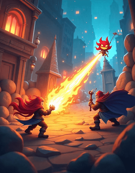 fire battle in comic style in the city