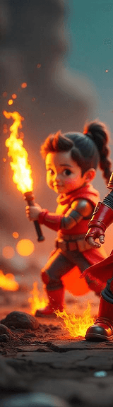 Three animated kids in adventure gear with torches, standing in a dramatic canyon surrounded by fire and smoke